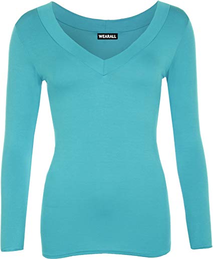 WearAll New Ladies V Neck Stretch Womens Long Sleeve Top 8-14