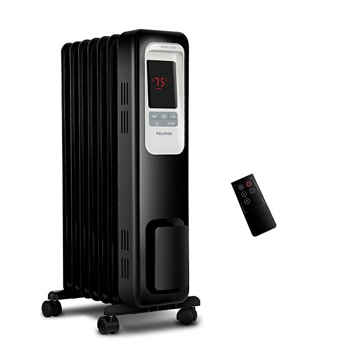 PELONIS Electric Radiator Heater, 1500W Portable Oil Filled Radiator Space Heater with Digital Thermostat, 24-Hour programmable Timer, Remote Control, Safe Heater for Full Room