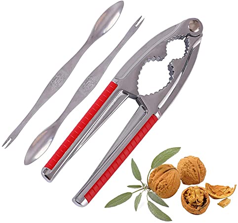 fani Heavy Duty Walnut Cracker Tool Nut Crackers Walnut Cracker Heavy Duty Shell Cracker Seafood Cracker Walnut Opener Tool with with Red Non-slip Handle, with 2 Pcs Forks/Picks