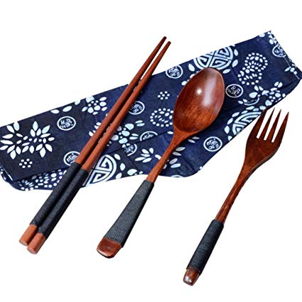FORESTIME Japanese Wooden Chopsticks Spoon Fork Tableware 3pcs Set New Gift (brown, one)