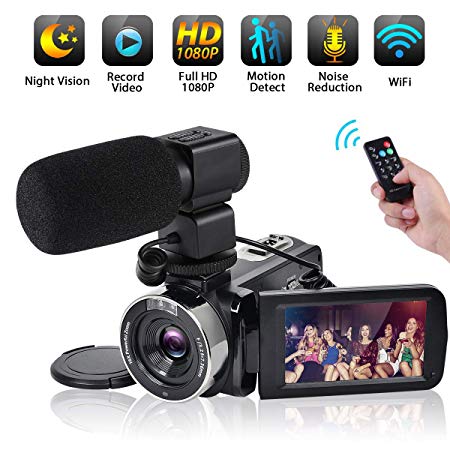 Video Camera WiFi Camcorder Comkes Full HD 1080P 30FPS Vlogging Camera 24MP 16X Digital Zoom 3.0 Inch LCD Touch Screen IR Night Vision with External Microphone and Remote Control
