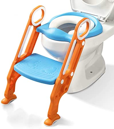 Potty Training Toilet Seat with Step Stool Ladder for Boy and Girl Baby Toddler Kid Children Toilet Training Seat Chair with Padded Seat Non-Slip Wide Step (Blue Orange Upgrade)