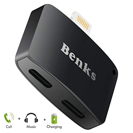 Benks Compatible with Splitter Charger Adapter [2-in-1] for Apple Lightning and 3.5mm Earphone Jack Ports [Support iOS 11] for iPhone X 10 8 7 Plus (U29)