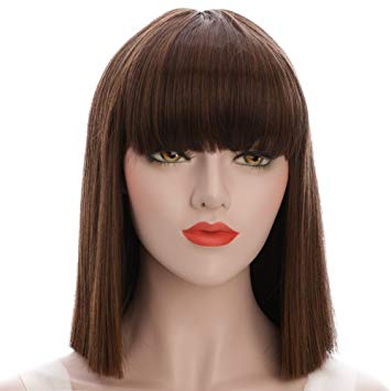 karlery Straight Short Hair Bob Wigs with Flat Bangs Synthetic Wigs for Women Natural As Real Hair (Brown)