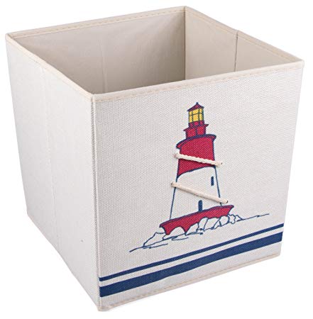 Red and White Lighthouse Collapsible Storage Box and Closet Organizer with Nautical Rope