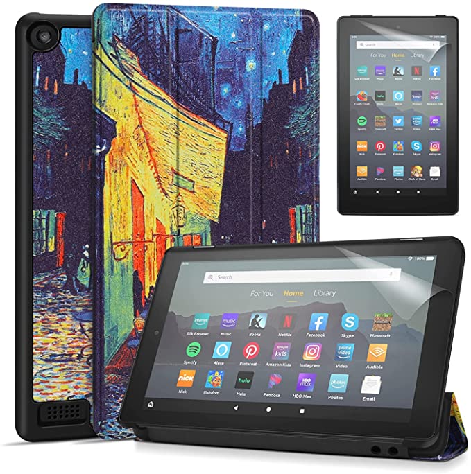 TNP Case Cover with 2x PET Screen Protector for Amazon Kindle Fire 7 Tablet 9th & 7th Generation 2019 2017 Release - Smart Slim PU Leather Protective Sleeve w/ Auto Sleep Wake (Cafe at Night