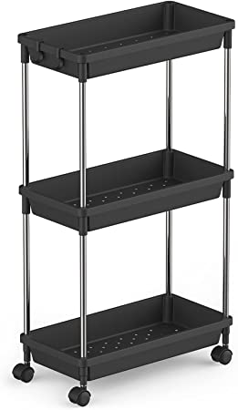 Lifewit Slim Storage Rolling Cart for Bathroom Laundry Room Kitchen Narrow Space, 3 Tier Slide-Out Storage Cart Organizer Rack Shelf with Wheels for Space-Saving Organization, Easy Assembly, Black