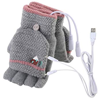 Unisex Women's & Men's USB Heated Gloves Mitten Winter Hands Warm Laptop Gloves,Yinuoday Full & Half Heated Fingerless Heating Knitting Hands Warmer Washable Design (Women Grey)