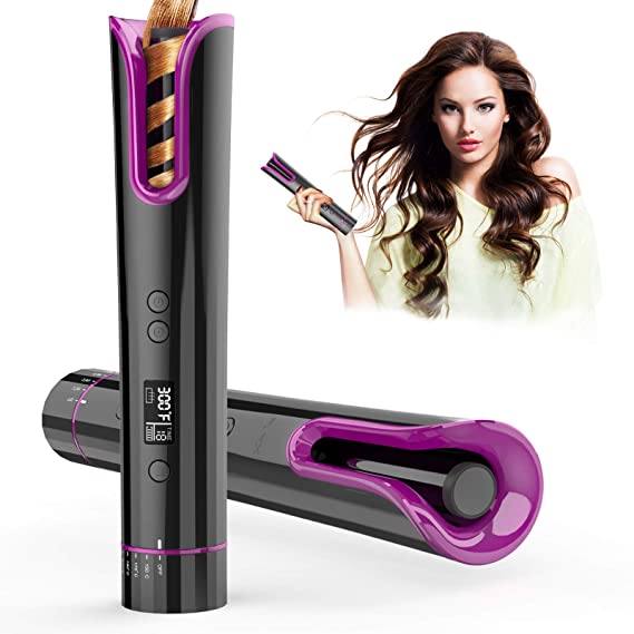 Cordless Auto Curler, Automatic Hair Curling Iron, Rechargeable and Portable Curling Wand with Adjustable Temperature & Timer Settings, Fast Heating Styling Tools for Travel, Home