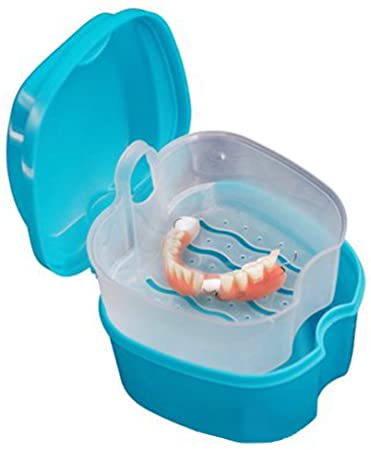 Leoie Denture Bath Box Case Dental False Teeth Storage Box with Hanging Net Container Durable