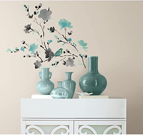 RoomMates RMK2687SCS Blossom Watercolor Bird Branch Peel and Stick Wall Decals