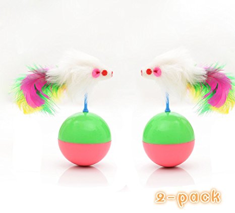 Interactive Cat Toy IN HAND Funny Toy Ball with Feather Mouse Tumbler Toys Pet Interactive Wobblers Toy 2 PACK, GREEN and PINK