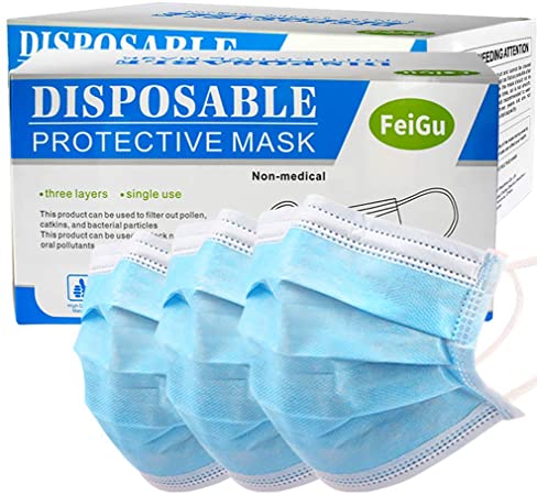 50pcs Disposable Face Masks, 3 Ply Safety Mask with Adjustable Ear loops and Nose Wire, Blue Breathable Mouth Cover for Protection against Air Pollution, Dust, Pollen