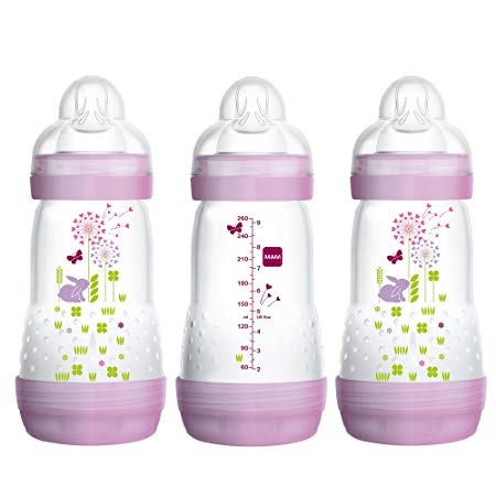 MAM Baby Bottles for Breastfed Babies, MAM Bottles Anti Colic, Girl, 9 Ounces, 3-Count