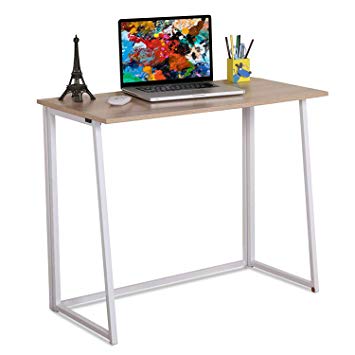 4NM Folding Table, Small Foldable Computer Desk, Home Office Laptop Table Writing Desk, Compact Study Reading Table for Small Space, Space Saving Office Table (Natural and White)