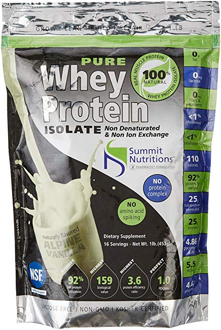 Non-GMO Pure Whey Protein Isolate: 1 lb - Alpine Vanilla - Instanized to Easy Mixing: Lactose Free: Kosher Certified: Naturally Flavored: Sweetened by Stevia: Gluten Free: Highest BCAAs and Glutamines: Zero Fat, Cholesterol, Carbohydrates, Fillers and Binders.