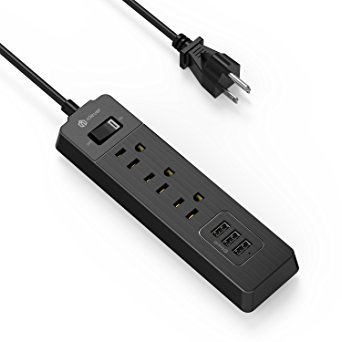 [Overload Switch Control] iClever BoostStrip IC-BS04 Smart Power Strip | USB Charger with 3 USB   3 AC Outlets,6ft Extension Cord Charging Station and Phone / Tablet Stand- Black