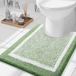 OLANLY Luxury Toilet Rugs U-Shaped 24x20, Extra Soft and Absorbent Microfiber Bathroom Rugs, Non-Slip Plush Toilet Bath Mat, Machine Wash Dry, Contour Bath Rugs for Toilet Base (Sage Green and White)