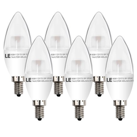 LE Candelabra LED Bulbs, 40W Incandescent Bulbs Equivalent, E12, 5W, 400lm, 180° Beam Angle, 2700K Warm White, LED Candle Light Bulbs, Pack of 6 Units