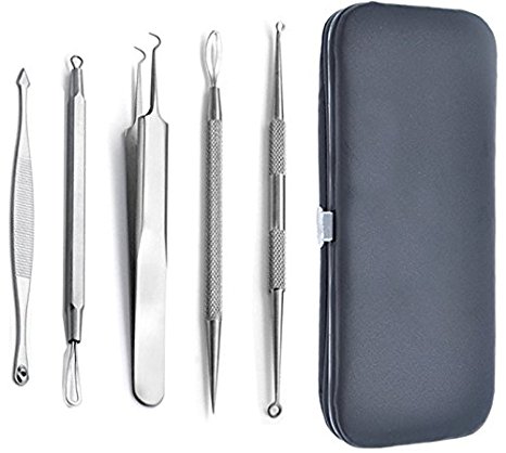 5PCS Professional Surgical Stainless Steel Blackhead & Splinter Remover Extractor Tools with Mirror in the Black Case