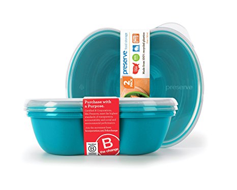 Preserve Square Food Storage Container Made from Recycled Plastic, 25 Ounce Capacity, Set of 2, Aqua Blue