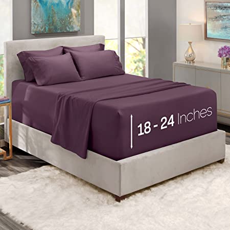 Nestl Extra Deep Pocket Bed Sheet Set – 6-Piece Hotel Bed Sheet Set Deep Pocket Bed Sheets 18-24 Inch Deep Pockets – Fitted Sheet, Flat Sheet and 4 Pillowcases – King – Eggplant Purple