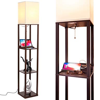 Brightech Maxwell Charging Edition - LED Shelf Floor Lamp for Living Rooms & Bedrooms - Includes USB Ports & Electric Outlet - Modern Standing Light - Asian Display Shelves - Havana Brown