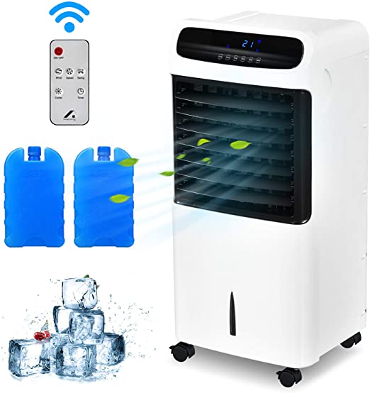 LINKLIFE Evaporative Cooler, Air Cooler 4-in-1 Portable Air Cooling, Fan, Humidifier and Anion, with 3 Wind Modes, 3 Speeds, 12H Timer with Remote, Built-in Handle, 4 Wheels and 2 Ice Box