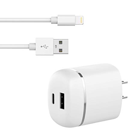 TalkWorks USB Wall Charger 27W/5.4A Power Delivery (PD) Dual Port [USB C & USB A] with 5ft Lightning Cable [Apple MFI Certified] for iPhone Xs/XS Max/XR/X / 8/7 / 6 / SE / 5 / iPad - White