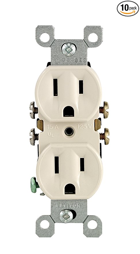 Leviton 5320-TMP 15 Amp, 125 Volt, Duplex Receptacle, Residential Grade, Self-Grounding, 10-Pack, Light Almond