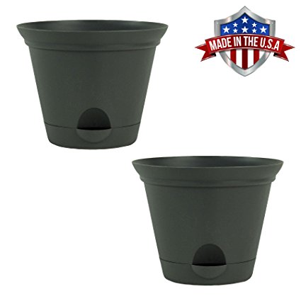 12 Inch Flat Gray Plastic Self Watering Flare Flower Pot or Garden Planter 2 Pack