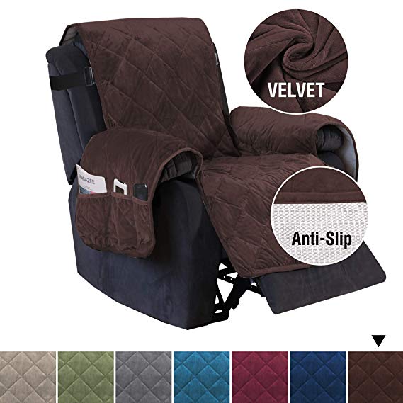 H.VERSAILTEX Recliner Sofa Slipcover Slip Resistant Quilted Velvet Plush Recliner Cover Furniture Protector Seat Width Up to 28" Couch Shield 2" Elastic Straps Recliner Slipcover Brown