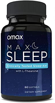 OMAX® MAX Sleep Clinically Proven, Natural Nighttime Adult Sleep Aid | L-Theanine, Lemon Balm Extract, Omega3 Blend | Drug-Free, Melatonin-Free Sleeping Pills | 60 Softgel Bottle (60)