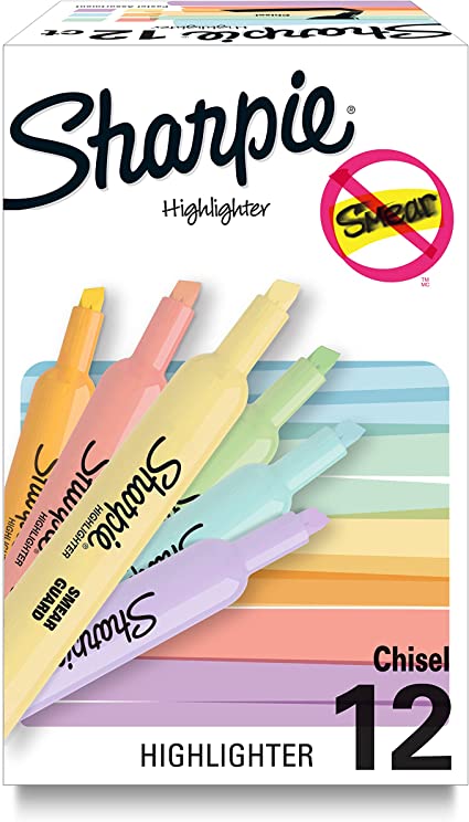 SHARPIE Tank Highlighters, Mild Pastel Colors, Assorted, Chisel Tip, 12 Count