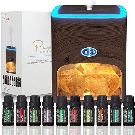 Himalayan Pink Salt Diffuser & 10 Essential Oils – 2-in-1 Therapeutic Device - Aromatherapy & Ionic Himalayan Salt Therapy – 400ml Ultrasonic Vaporizer and Ionizer with Ambient Glow (Dark)