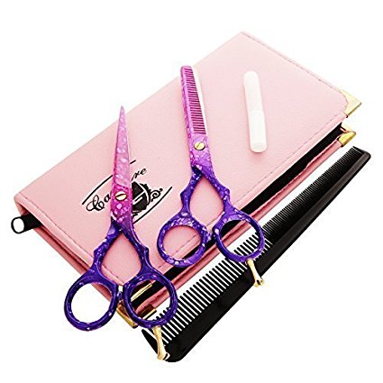 Hairdressing Barber Salon Scissors, Thinning Scissors set 5.5", Pink and Purple with Gold Screw Plus Scissors Pouch/Case