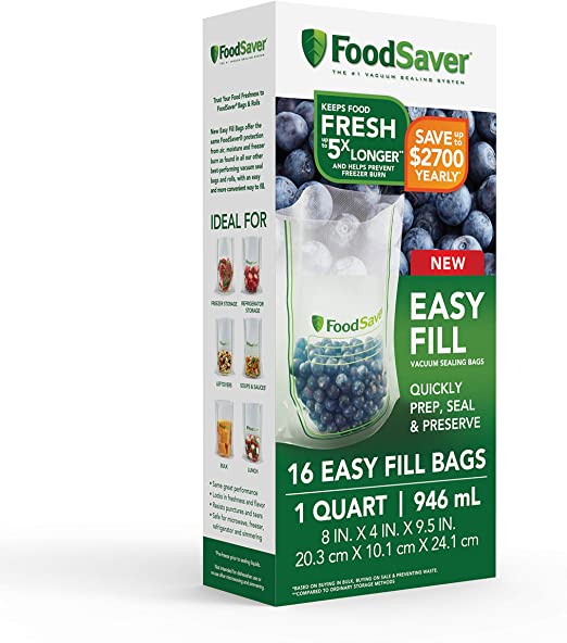 FoodSaver 2083545 Easy Fill 1-Quart Vacuum Sealer Bags | Commercial Grade and Reusable | 16 Count, Clear