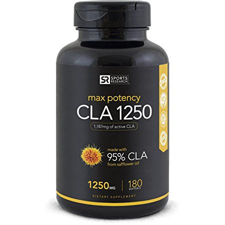 Max Potency CLA 1250 with 95% active Conjugated Lineolic Acid (CLA) per capsule. Natural Weightloss Supplement - 180 Capsules