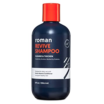 Roman Men's Revive Shampoo to Exfoliate and Clarify with Peppermint | Cleanses for thicker-looking hair | Includes saw palmetto, pumpkin seed oil, and caffeine | Made without sulfates, parabens, or phthalates| 8 fl oz