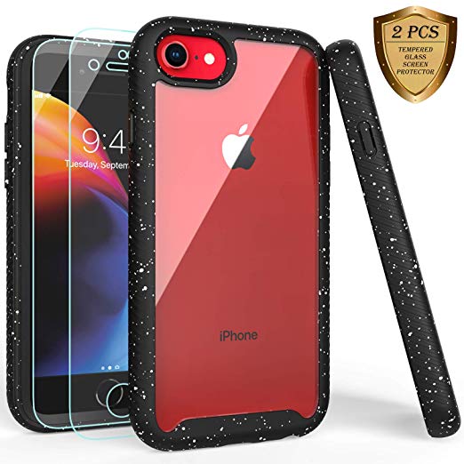 iPhone 6s/6 Case,iPhone 7 Case,iPhone 8 Case with Tempered Glass Screen Protector [2 Pack],LUCKYCAT Shockproof Clear Multicolor Series Bumper Cover for 4.7 Inch Apple iPhone 6/ 6s/ 7/8-Black