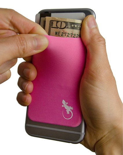 The Gecko Adhesive Card Wallet for Cell Phones, Ultra Slim & Custom Designed in Pink