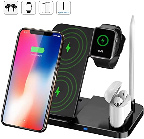 Wireless Charger Station, 4 in 1 Qi-Certified Fast Charging Station for iPhone 11/11 Pro Max/XR/XS Max/Xs/X/8/8P, Wireless Charging Stand for AirPods/Apple Pencil/Watch Series 5/4/3/2/1