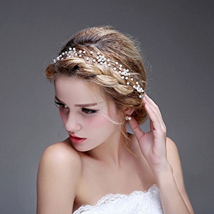 Bridalvenus Wedding Bridal Gold Headband - Bridal pearl halo - Bridal hair Updo accessory Wedding Bridesmaid Headpiece for Women and Girls (Gold)
