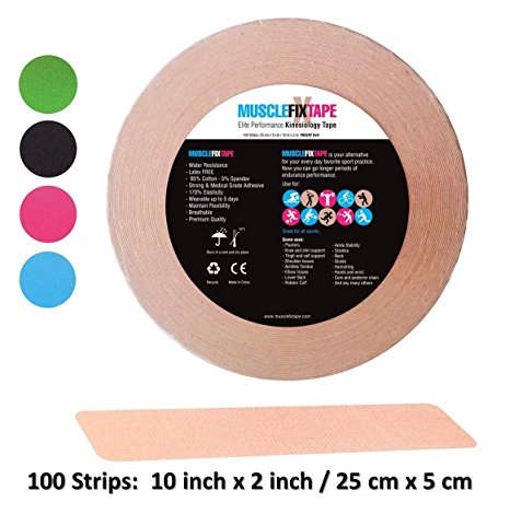 Kinesiology Tape by MUSCLE FIX PRO Kinetic Sports Athletic Therapeutic Precut Roll | Breathable Water Resistant Strong Adhesive Pain Relief Technology | Bulk Size 100 strips: 10 inches x 2 inches