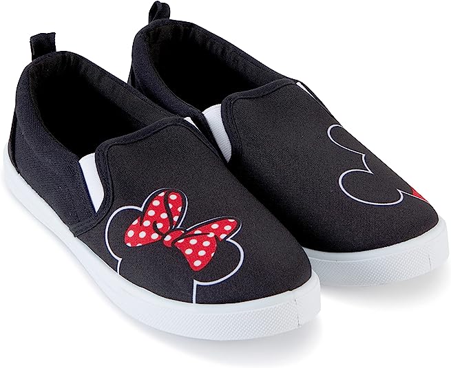 Disney Ladies Mickey and Minnie Shoes - Ladies Classic Mickey and Minnie Mouse Slip On Sneakers Mickey and Minnie Mouse Canvas Slip On Sneakers