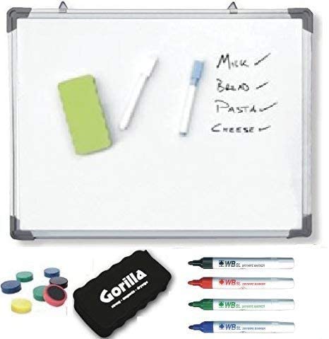 Magnetic Drywipe Whiteboard 30x40cm with Aluminium Trim. Includes Great Value with 4 x drywipe Markers, 4 x Colourful Strong Magnets and a Strong Magnetic Rybond Eraser