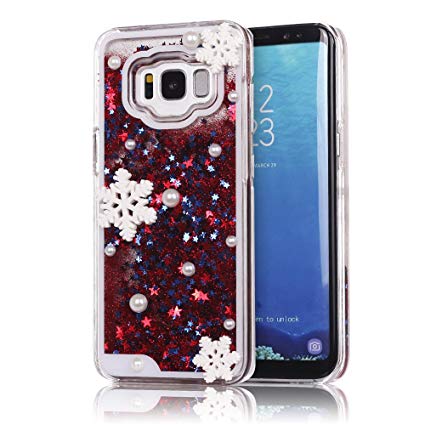 Samsung Galaxy S8 Plus Case, Mini-Factory Bling Liquid Flowing Glitter Sparkle Stars Snowflake Phone Cover for Christmas / New Year / Winter - Red