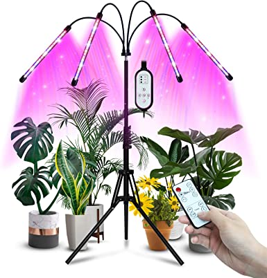 Grow Light for Indoor Plants Full Spectrum,Plant Light,with Stand Adjustable 15-47 Inch,80W Four-Head Floor Plant Light with Yellow LED Bulbs,Dimmable 3 Light Modes with Auto On/Off Timer Grow lamp