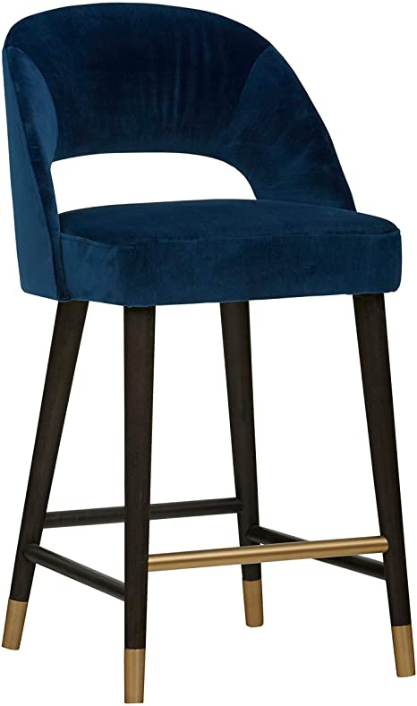 Rivet Whit Contemporary Velvet Upholstered Counter Height Bar Stool- 20 x 20 x 37 Inches, Navy With Gold Accents