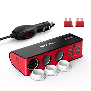 BESTEK 3-Socket 200W 12V/24V DC Cigarette Lighter Power Adapter with 6A 4-Port Car USB Splitter Charger